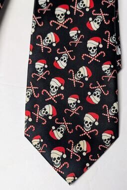 Tie Tales Black Christmas Necktie 56" Holiday Skull Santa Candy Cane Print Boss